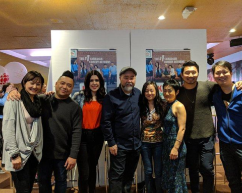 Photo of "Kim's Convenience" cast with Mike Yuan and Ruby Yuan.