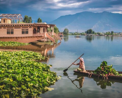 A woman rowing a boat known as "Shikara" in Srinagar, Kashmir, where the novel "Life in the Clock Tower Valley" is set.