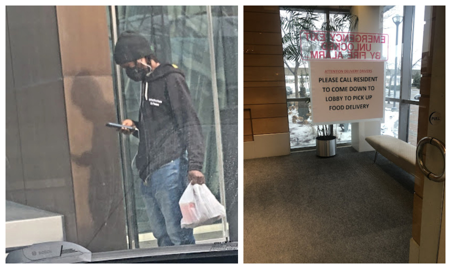 Two images side by side, one showing an Uber driver in Toronto looking down on his phone, the other a message on the door to food delivery people.