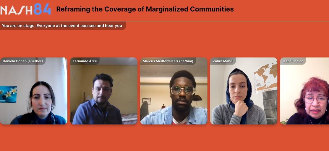 A screenshot from the panel discussion on “Reframing the Coverage of Marginalized Communities”