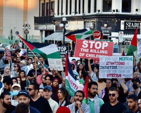 Protesters in Ottawa demonstrate against Israeli airstrikes in Gaza.