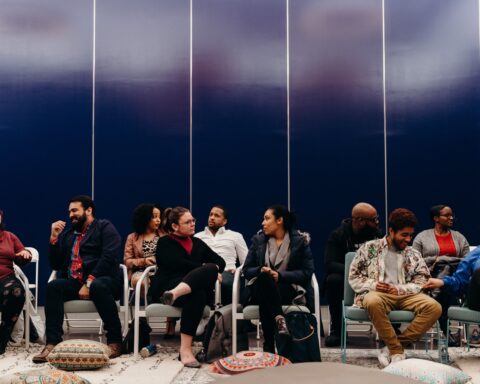 a seated diverse crowd, census