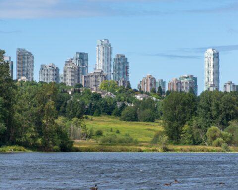 Panorama of Burnaby, British Columbia, Canada skyline from Deer Lake