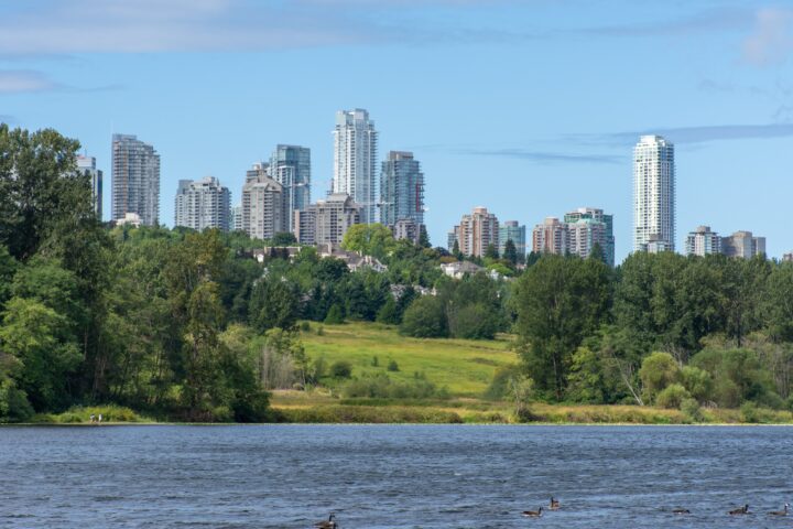 Panorama of Burnaby, British Columbia, Canada skyline from Deer Lake