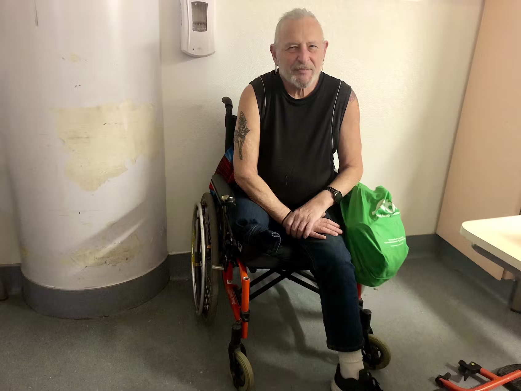 Stuart Young sits in his hospital room at Cape Breton Regional Hospital where he has been for five months, after a mental health crisis resulted in him needing to have his leg amputated. Because he was living in his car at the time of the crisis, Young couldn't be released from hospital. (Nicole Sullivan / Cape Breton Post)